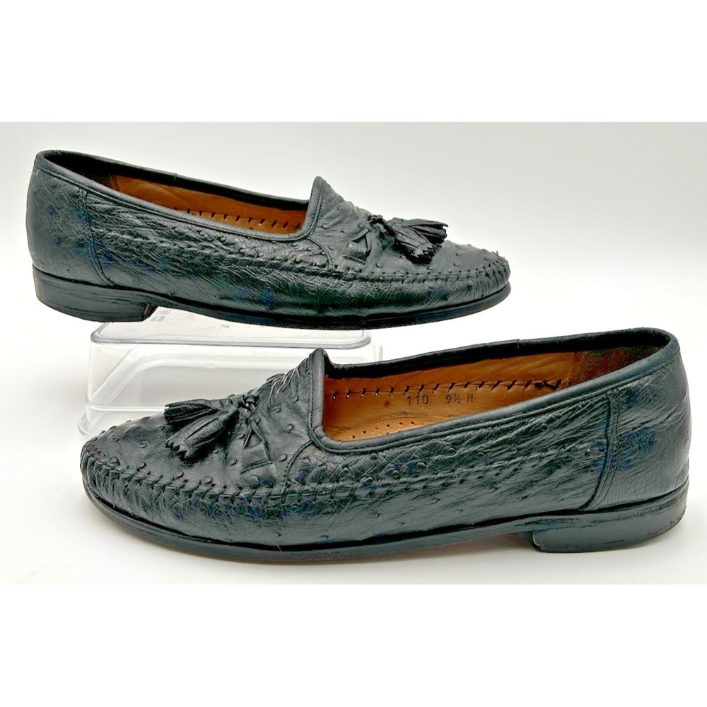Zelli Genuine Italian Ostrich Leather Tassel Black Loafer Slip On Shoes 9.5‎